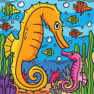 Sea Horse Marine Animal Colored Cartoon 