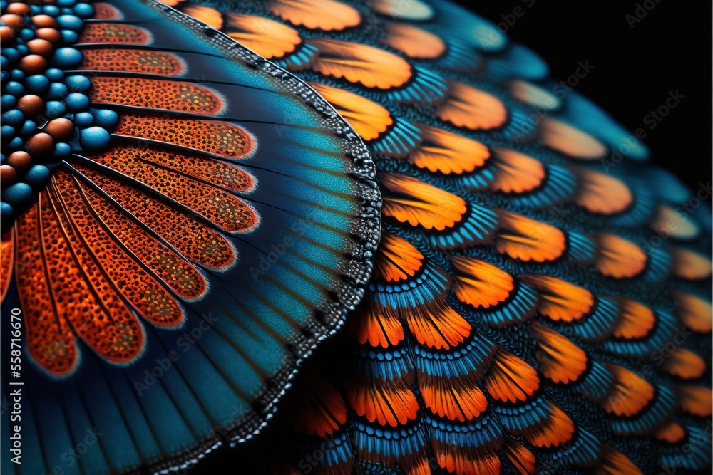 Poster a close up of an umbrella with a pattern on it's side and an orange and blue design on the top of it