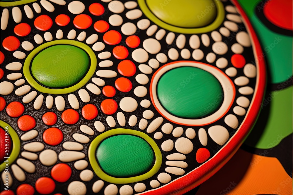 Poster a close up of a colorful plate with circles and dots painted on the top of it and on the bottom of t