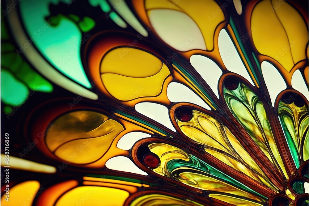 Poster a close up of a stained glass window with a flower design in the middle of it's center and a green. 