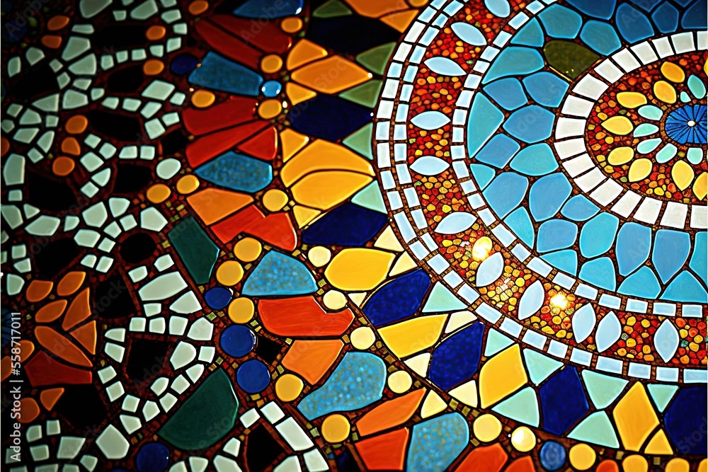 Poster a close up view of a colorful mosaic tile design on the wall of a building in a city center. generat