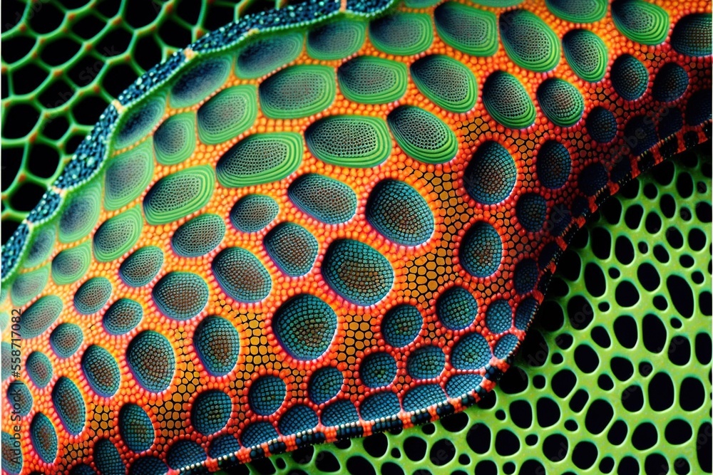 Poster a close up of a green and orange pattern on a piece of material that looks like a snake skin pattern