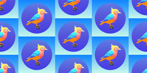 Obraz premium Colorful cartoon birds, hand drawn, seamless vector pattern
