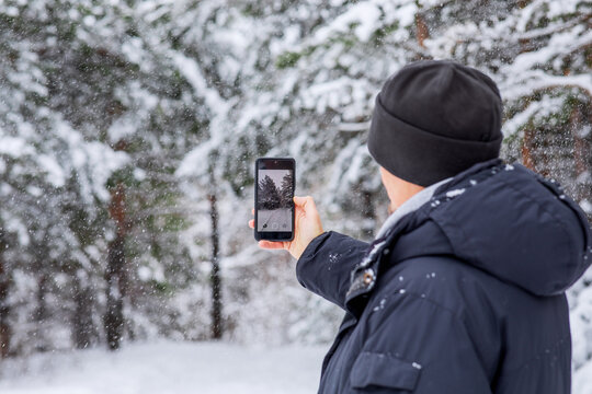 A man takes a picture of a snow-covered pine forest on his phone. Winter sports walk.