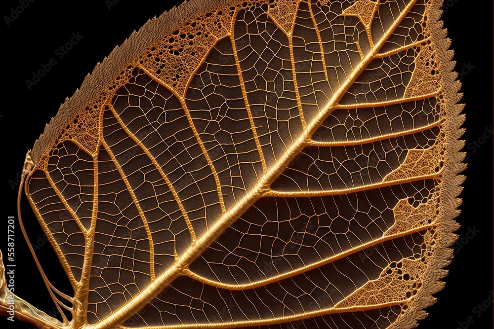 Poster a close up of a leaf's intricate pattern on a black background with a light reflection in the center