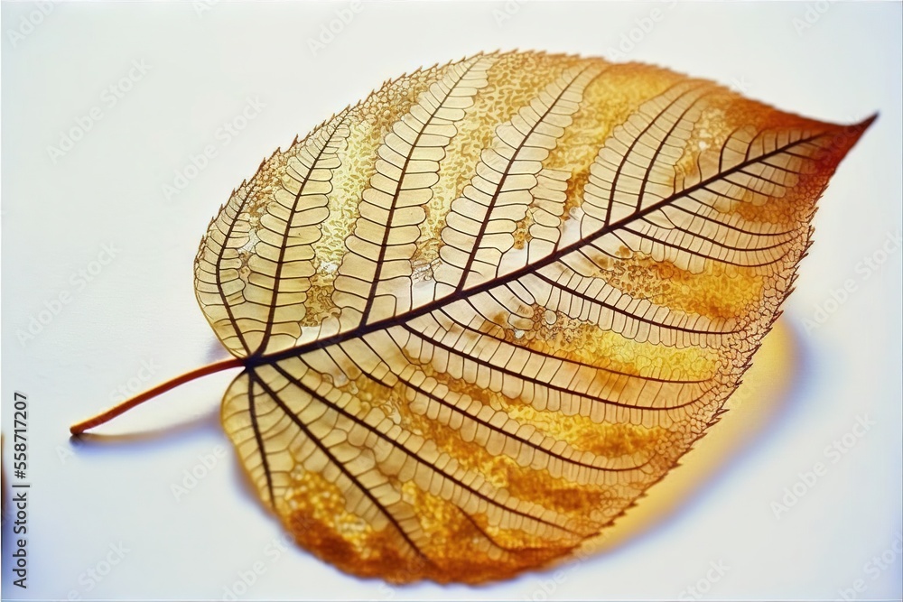 Poster a close up of a leaf on a white surface with water droplets on it and a white background with a blue