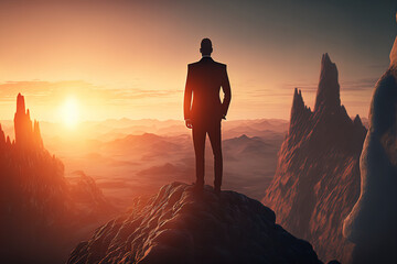 Fototapeta na wymiar businessman look the sunlight on the top of mountain with over orange sky and sunlight.concept of leadership successful achievement with goal,growth,up,win and objective target. (ai generated)