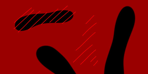 Red background with black figures of indefinite form. Strokes. Smooth lines, abstraction. Black
