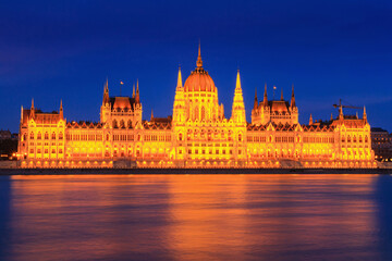 Fototapeta na wymiar Evening cityscape - view of the Hungarian Parliament Building in the historical center of Budapest on the bank of the Danube river, in Hungary