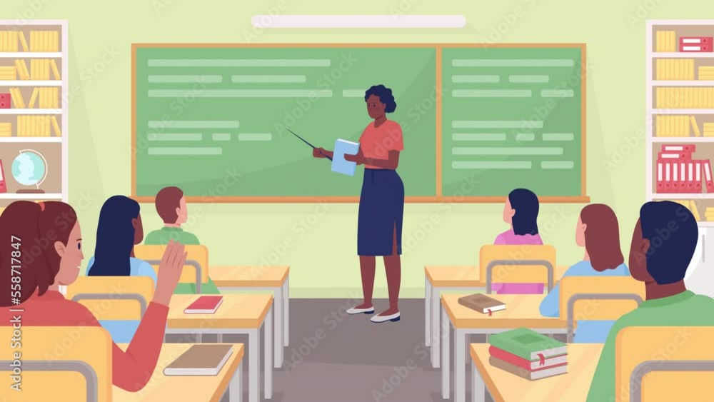 Poster animated teacher instructing class. educator holding pointer and book. students listening. looped fl