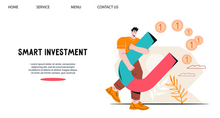 Smart investments in stock market, concept for website or landing page. Business topic of attracting finance and money investments webpage template flat vector illustration.