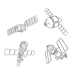 space shuttle, radio telescope and comet, asteroid and meteorite, astronaut exploration. engraved hand drawn in old sketch, vintage style for label. flying ship. rocket launching to the sky.
