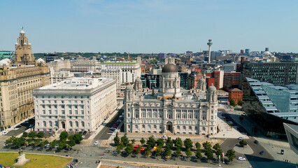 Aerial view over Liverpool Pier Head and the Three Graces - drone photography