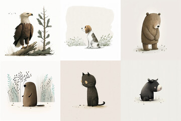 A set of six cute animals, mammals, birds, reptiles, from the area of Virginia, USA in watercolor, illustration made with Generative AI