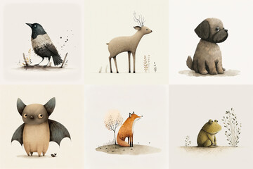 A set of six cute animals, mammals, birds, reptiles, from the area of Virginia, USA in watercolor, illustration made with Generative AI