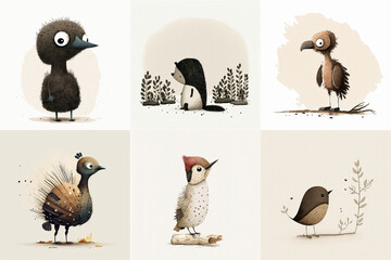 Fototapeta premium A set of six cute animals, mammals, birds, reptiles, from the area of Virginia, USA in watercolor, illustration made with Generative AI