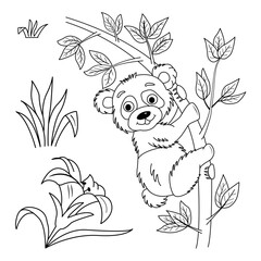 Fototapeta na wymiar Clipart of a funny panda on a branch for a coloring book. Vector illustration of a panda on a branch, flower, and grass. Wild animals in the jungle