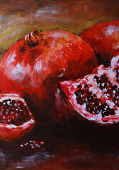 Ripe red pomegranate divided into two parts. Handmade acrylic illustration on canvas.