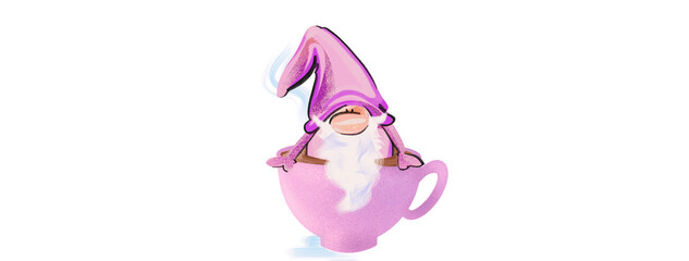 Gnome with coffee cup. Watercolour illustration, clipart. icon. 