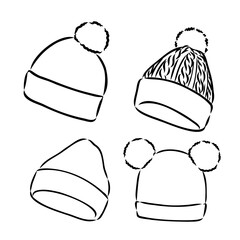 Doodle autumn knitted hat with pompoun, hand drawn warm clothes for winter cold weather, seasonal accesories.Sketch,freehand minimalistic design, child drawing.Isolated.Vector illustration