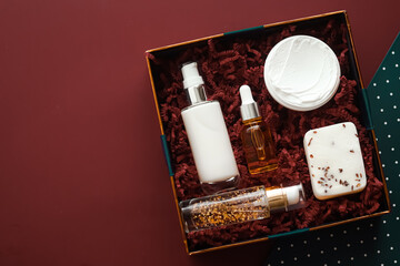 Beauty box subscription package and luxury skincare products, cosmetic body care product flat lay...
