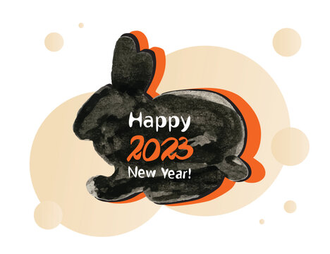 Drawing Rabbit and Happy New Year Hand Drawn Imitation, Grunge Doodle 2023 Symbol, Brush Bunny