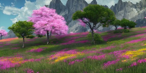 Obraz premium spring flowers trees and grass in the park or in garden near the mountains, landscapes