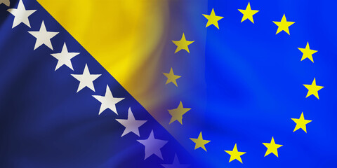 Bosnia and Herzegovina,EU flag together.European,Bosnian waving flag