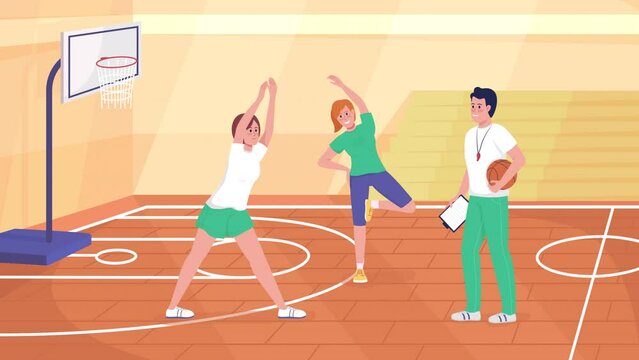 Animated physical education in gym. Workout for teens. Students and teacher. Looped flat color 2D cartoon characters animation with school environment on background. HD video with alpha channel