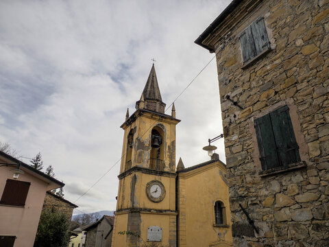 Old frassinedolo medieval village church in valley around Bismantova stone near castelnovo ne monti