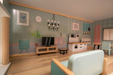 A living room combined with a kitchen in a children's doll house.