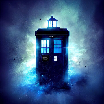 TARDIS time maschine, from the famous British sci-fi named Doctor Who, blue phone box, travel trought space and time, Generative AI
