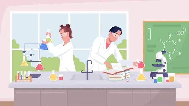 Animated chemistry class in school. Laboratory experiment. Science lab. Looped flat color 2D cartoon characters animation with classroom environment on background. HD video with alpha channel