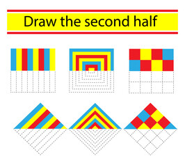 Draw the second half. Coloring book. Preschool worksheet for practicing fine motor skills. Vector illustration
