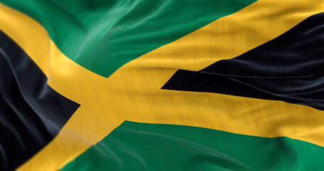 Close-up view of the Jamaica national flag waving in the wind
