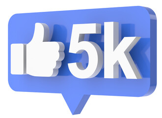Five thousand likes. 5000 likes. Like icon. 3D illustration.