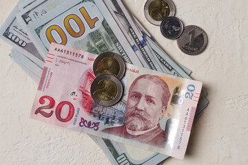 Lari, 20 GEL, Georgian monetary currency, with dollars, banknotes, top view, no people, on the...