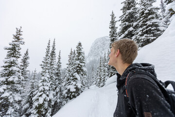 Fototapeta na wymiar Hiker in Banff National Park, Winter Hiking in Banff, 2023