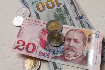 Lari, 20 GEL, Georgian monetary currency, with dollars, banknotes, top view, no people, on the...