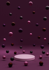 Dark magenta, purple 3D illustration minimal product display Christmas themed with colorful decoration Christmas balls colorful metallic marbles falling photography wallpaper with one podium or stand