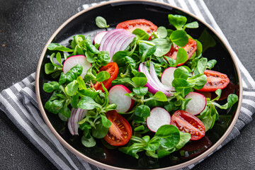 vegetables salad tomato, radish, onion, mache lettuce, green leaves spring snack fresh healthy meal food on the table copy space food background rustic top view keto or paleo diet veggie vegan 