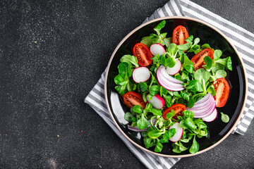 vegetables salad tomato, radish, onion, mache lettuce, green leaves spring snack fresh healthy meal...