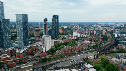 Modern district of Deansgate in Manchester - drone photography