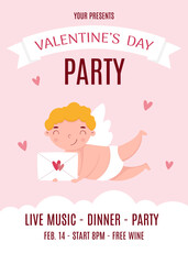 Valentine's Day party invitation. Cute cupid with envelope and hearts. 