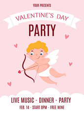 Valentine's Day party invitation. Cute cupid with bow and arrow. 