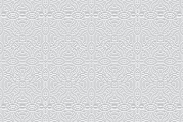 Embossed white background, handmade elements, ethnic cover design. Press paper, boho style. Geometric tribal unique 3d pattern. Traditions of the peoples of the East, Asia, India, Mexico, Aztecs, Peru