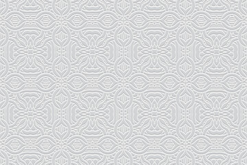 Embossed white background, handmade elements, ethnic cover design. Press paper, boho style. Geometric tribal decorative 3d pattern. Traditions of the peoples of the East, Asia, India, Mexico, Aztecs, 