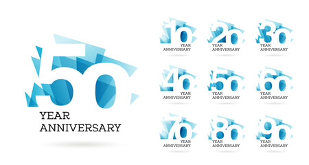 Set ten to ninety years anniversary logo design, celebrate anniversary logo to celebrate event, invitations, 10, 20, 30, 40, 50, 60, 70, 80, 90, logo sign purpose - obrazy, fototapety, plakaty