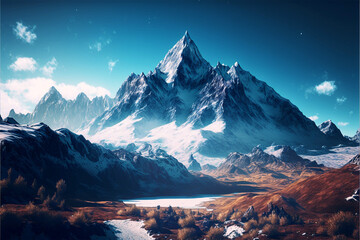 Snow mountains with clear blue sky, generative ai