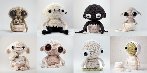 Set of Cute imitation crochet monster creatures created with generative AI technology